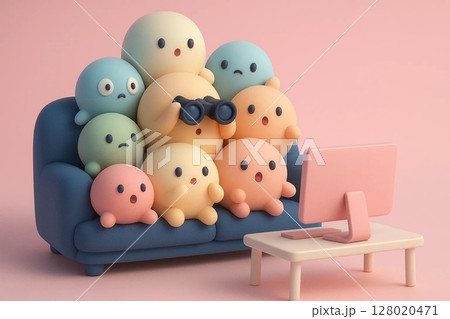 Cartoon Characters Watching Television Together in Cozy Setting 128020471