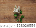 White Lilac Flower on Wooden Surface with Green Leaves Arrangement 128020554