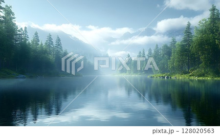 Serene Misty Lake Surrounded by Lush Evergreen Forests 128020563