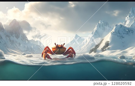 Surreal Crab in Icy Waters, Majestic Snowy Mountain Backdrop Unveiling 128020592