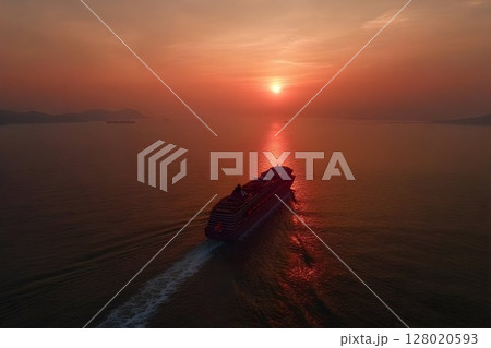 Luxury cruise liner sails into the sunset, a mesmerizing seascape view 128020593