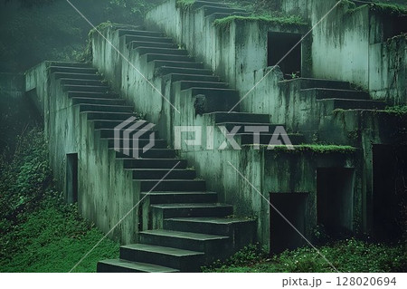 Overgrown Concrete Stairway to Nowhere shrouded in a Misty Enigmatic Atmosphere Overgrown Concrete Stairway to Nowhere shrouded in a Misty Enigmatic Atmosphere 128020694