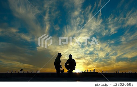 Silhouette of construction workers against a dramatic sunset sky Silhouette of construction workers against a dramatic sunset sky 128020695