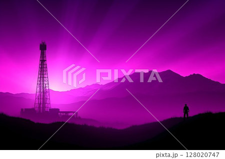 Dramatic Oil Derrick Silhouette Against a Majestic Purple Mountain Sunset 128020747