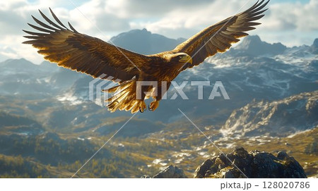 Golden eagle soars over the mountainous landscape with grace and freedom 128020786
