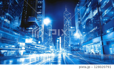 Futuristic cityscape with illuminated skyscrapers and motion blurred lights 128020791