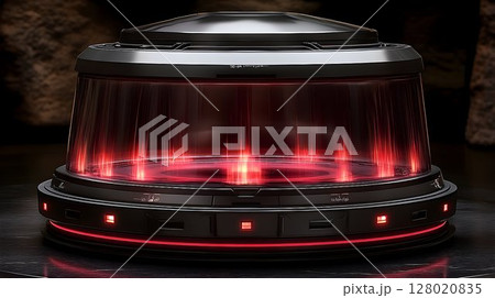 Futuristic transparent container, sci-fi laboratory equipment with red light effect 128020835