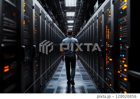 Technician Inspecting Servers in Data Center for System Performance 128020856