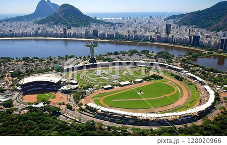 Aerial view of Rio de Janeiro cityscape with Christ the Redeemer statue 128020966