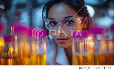 Intense young female scientist conducting experiments in a laboratory setting Intense young female scientist conducting experiments in a laboratory setting 128021022