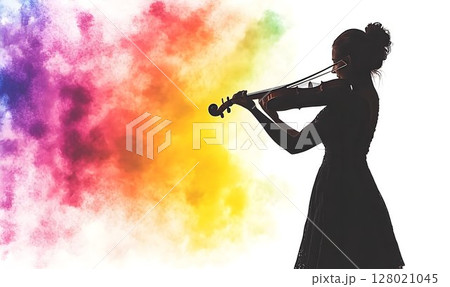 Silhouette of a Musician Playing Violin Surrounded by Colorful Smoke Effects 128021045