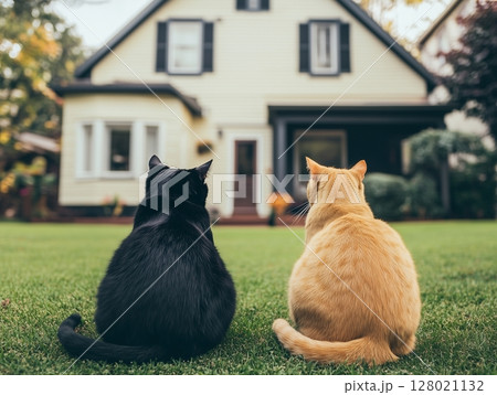 Two cats, ginger and black, sit side by side on a green backyard lawn in a peaceful setting. Two cats, ginger and black, sit side by side on a green backyard lawn in a peaceful setting. 128021132