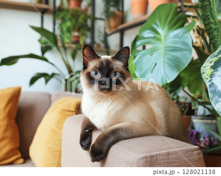 Siamese cat lies on beige sofa armrest in cozy room with houseplants and warm natural light. Siamese cat lies on beige sofa armrest in cozy room with houseplants and warm natural light. 128021138