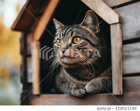 Striped gray cat sits comfortably inside a wooden cat house, cozy and calm indoor scene. 128021140