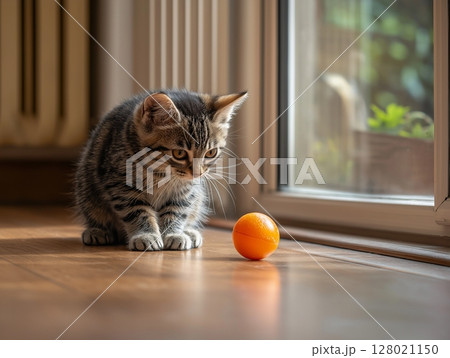 Gray striped kitten plays indoors with a small ball, lively and curious in cozy home setting. Gray striped kitten plays indoors with a small ball, lively and curious in cozy home setting. 128021150