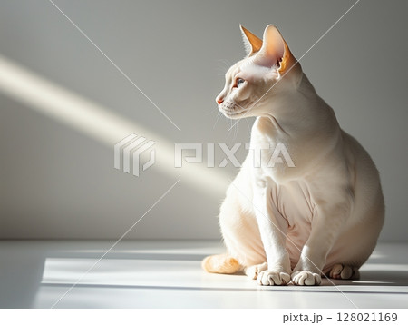 Chubby Sphynx cat sits in warm sunlight on the floor, basking in soft natural light. 128021169