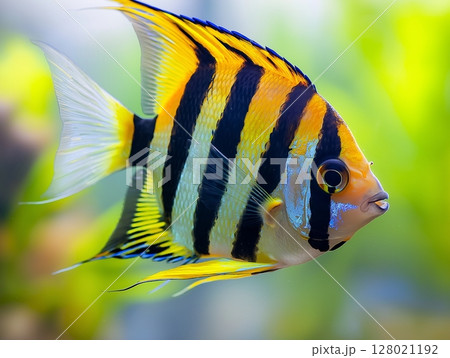 Beautiful aquarium fish swimming gracefully in clear water, close-up, tropical and colorful. 128021192