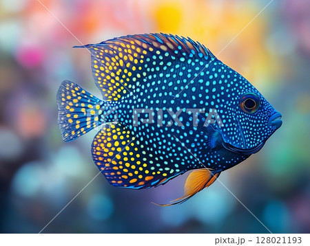 Beautiful aquarium fish swimming gracefully in clear water, close-up, tropical and colorful. 128021193