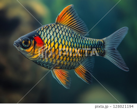 Beautiful aquarium fish swimming gracefully in clear water, close-up, tropical and colorful. 128021194