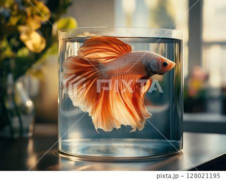 Vibrant Betta fish with flowing fins swimming in aquarium, bright colors and elegant shape. 128021195