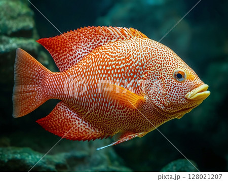 Beautiful aquarium fish swimming gracefully in clear water, close-up, tropical and colorful. 128021207