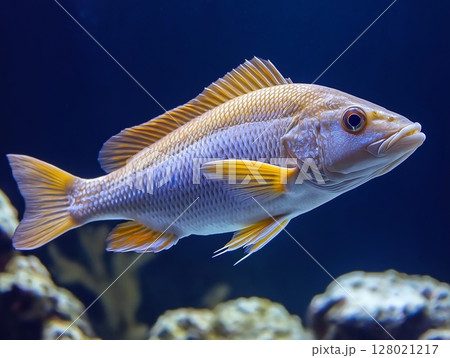 Beautiful aquarium fish swimming gracefully in clear water, close-up, tropical and colorful. 128021217