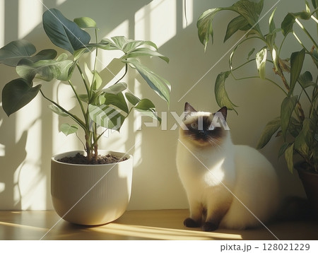 Siamese cat basking in sunlight surrounded by lush indoor plants, peaceful and elegant. 128021229