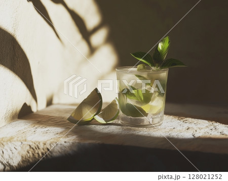 Refreshing cocktail in glass with mint and lime on neutral background with plant shadows. 128021252
