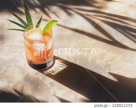Top view of juice cocktail with ice cubes, plant shadows on surface create a fresh and natural vibe. 128021255
