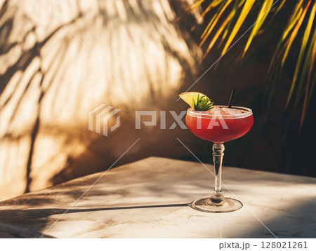Strawberry daiquiri on neutral stone surface with soft plant shadows, refreshing and tropical. Strawberry daiquiri on neutral stone surface with soft plant shadows, refreshing and tropical. 128021261