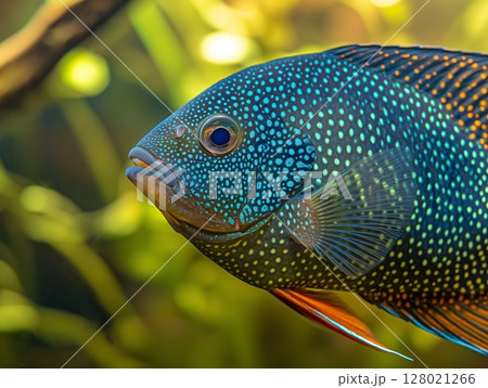 Beautiful aquarium fish swimming gracefully in clear water, close-up, tropical and colorful. Beautiful aquarium fish swimming gracefully in clear water, close-up, tropical and colorful. 128021266