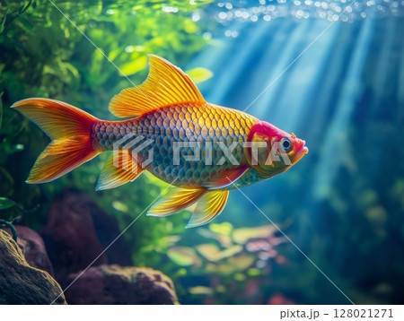 Beautiful aquarium fish swimming gracefully in clear water, close-up, tropical and colorful. 128021271