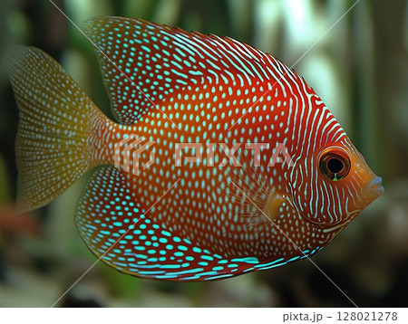 Beautiful aquarium fish swimming gracefully in clear water, close-up, tropical and colorful. 128021278