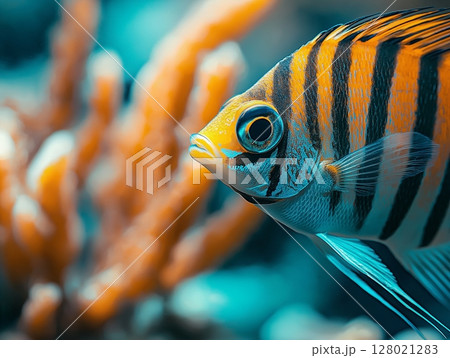 Beautiful aquarium fish swimming gracefully in clear water, close-up, tropical and colorful. 128021283