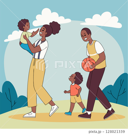 The family spends time together outside image. Flat style. Vector illustration 128021339