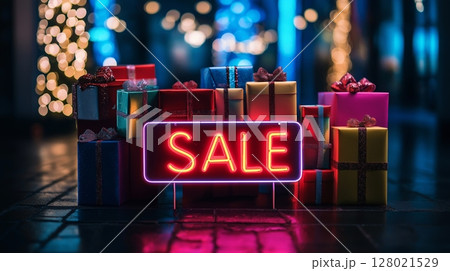 Neon sale sign glowing brightly amidst a generous heap of gifts 128021529