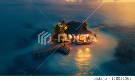 Romantic beachfront cottage illuminated at night surrounded by calm waters and palm trees in a tropical paradise 128021565