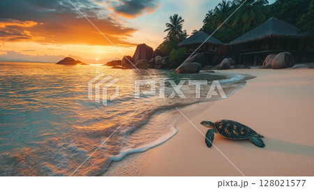 Tropical island beach view with a house and turtle swimming in clear waters near at sunset 128021577