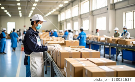 避難所で物資を分別する人 128021637