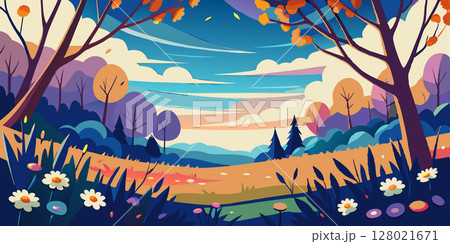 Abstract autumn landscape. Cartoon style. Vector illustration. 128021671