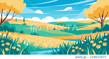 Abstract summer landscape. Cartoon style. Vector illustration. Abstract summer landscape. Cartoon style. Vector illustration. 128021675