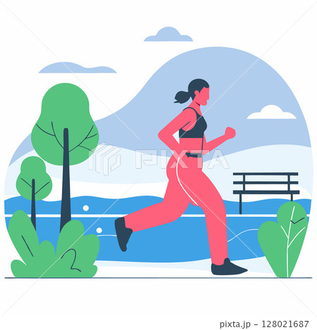 A woman jogging in the park. Flat style. Vector illustration. 128021687