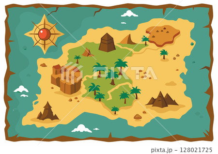 Old treasure paper map. Pirate map for children. Cartoon style. Vector illustration Old treasure paper map. Pirate map for children. Cartoon style. Vector illustration 128021725