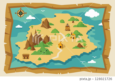 Old treasure paper map. Pirate map for children. Cartoon style. Vector illustration 128021726