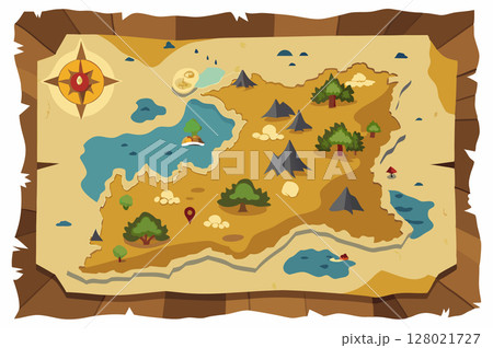 Old treasure paper map. Pirate map for children. Cartoon style. Vector illustration Old treasure paper map. Pirate map for children. Cartoon style. Vector illustration 128021727