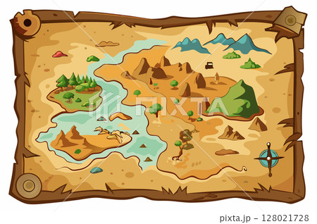 Old treasure paper map. Pirate map for children. Cartoon style. Vector illustration Old treasure paper map. Pirate map for children. Cartoon style. Vector illustration 128021728