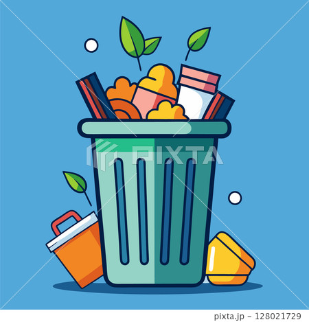 Colorful garbage can full of food waste image. Flat vector illustration. Colorful garbage can full of food waste image. Flat vector illustration. 128021729