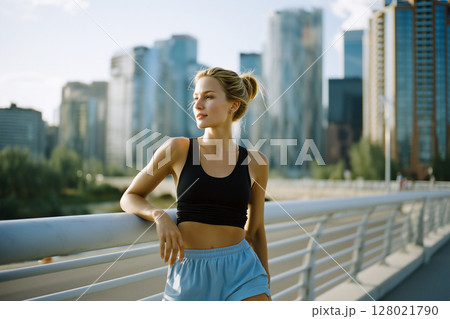A woman in a black tank top 128021790