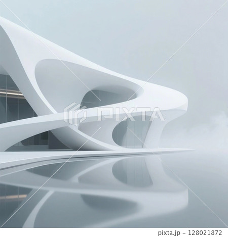 未来的な白い曲線建築と水面のリフレクション 128021872