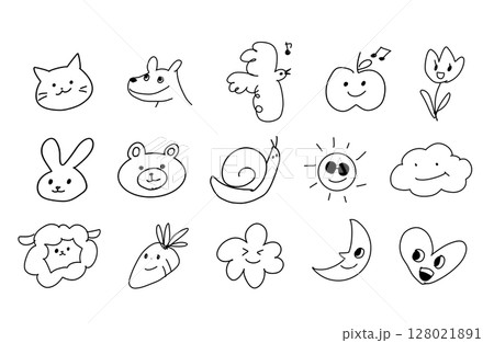 手書き線画のかわいい動物と自然アイコン詰め合わせセット 128021891